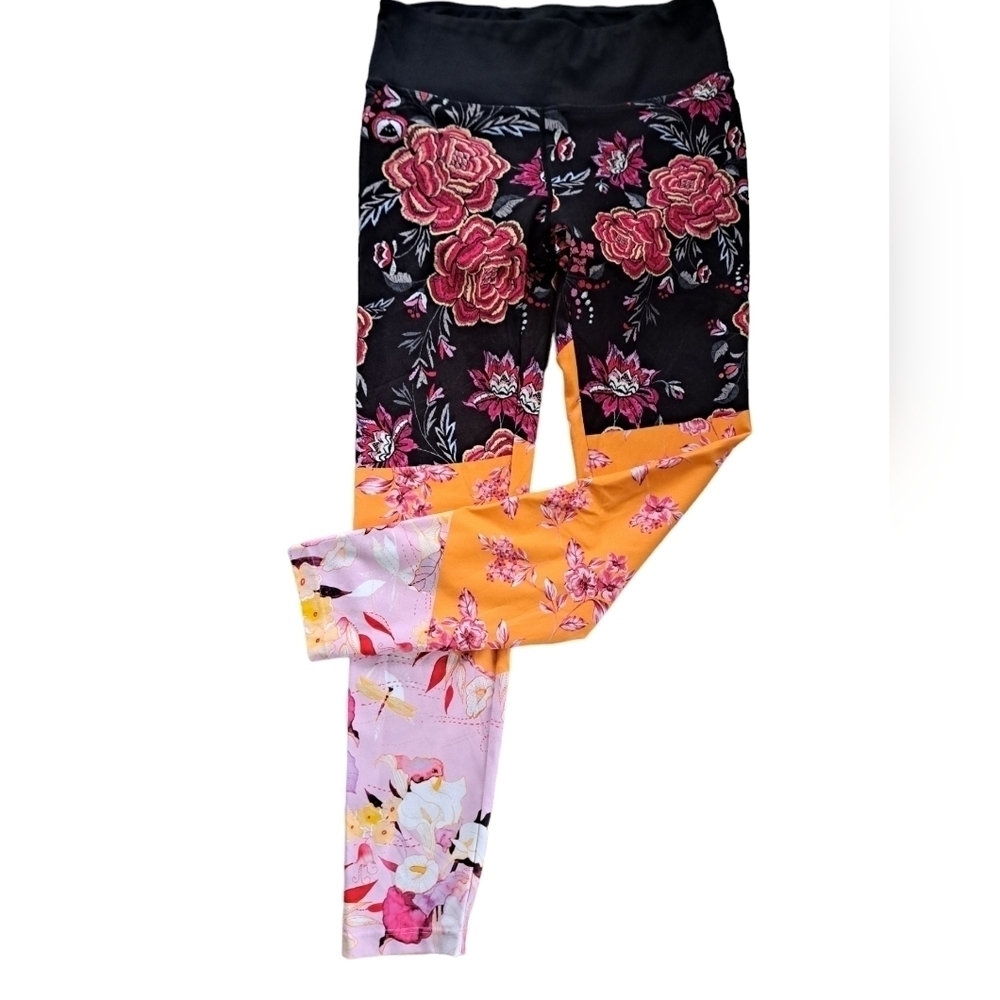 NANETTE LEPORE colorful black orange floral crop leggings tights bohemian SM